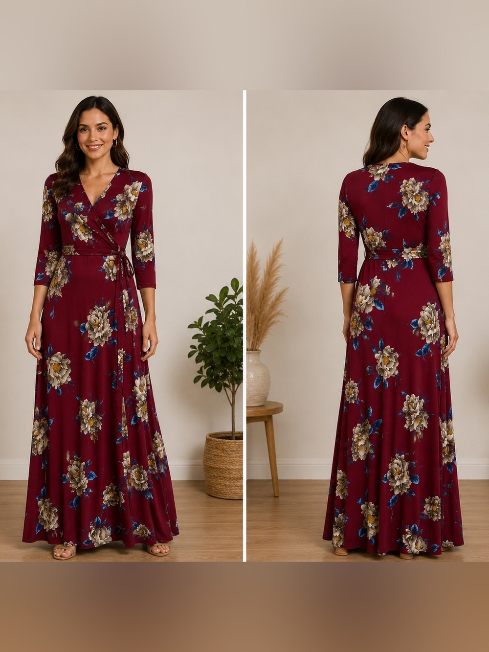 Women's Burgundy Floral Wrap Maxi Dress with Tie Waist